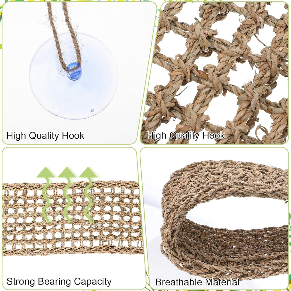 2 Pcs Bearded Dragon Hammock Reptile Lounger, Natural Seagrass Climbing Habitat Decor with Jungle Theme for Lizards, Geckos, Snakes, Iguanas, Amphibians and Terrarium