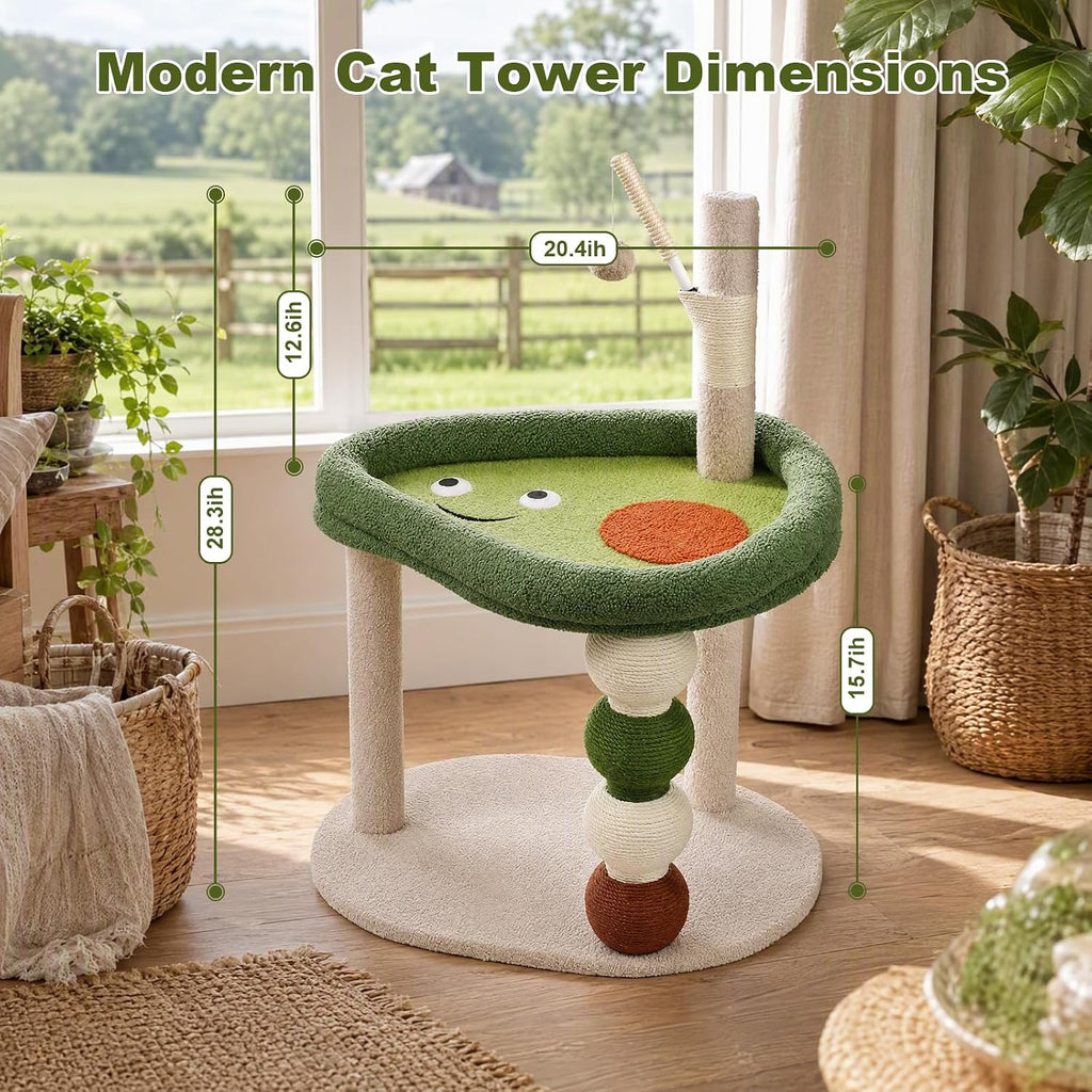 Small Cat Tree, 28" Cat Tower for Window Viewing, Beige and Green