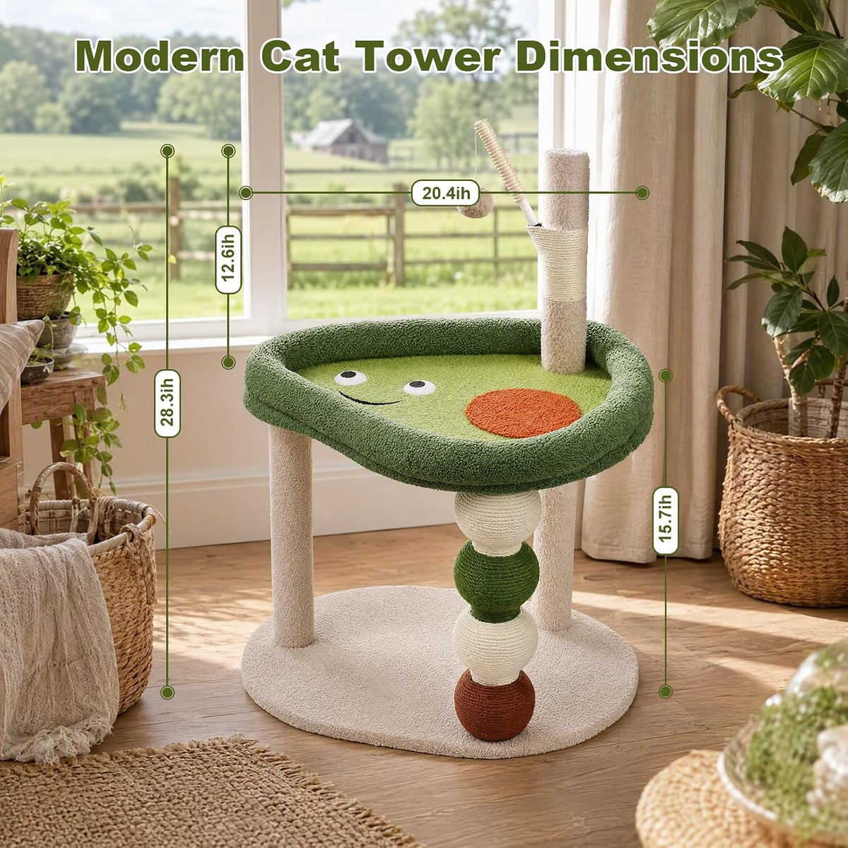 Small Cat Tree, 28" Cat Tower for Window Viewing, Beige and Green