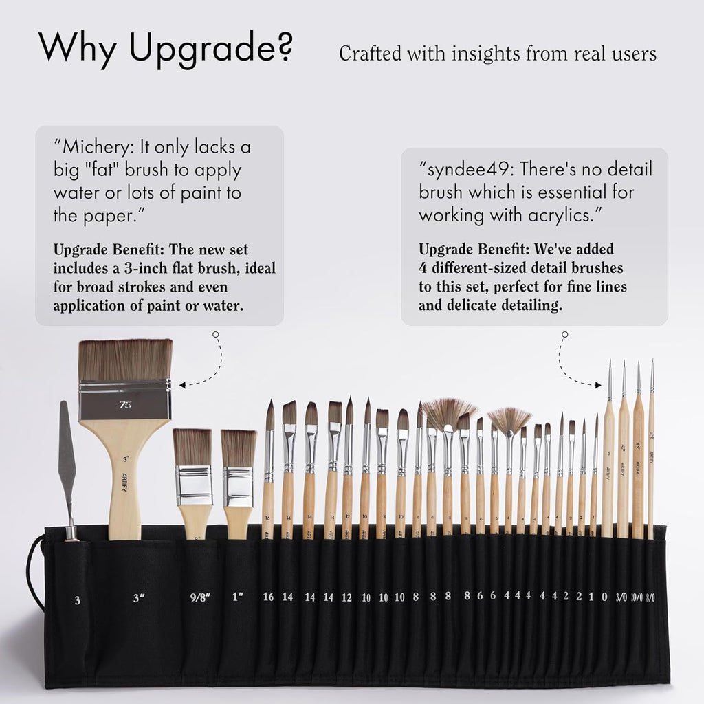 ARTIFY 30 Pieces Professional Paint Brush Set – Expert Series Synthetic Nylon Brushes for Acrylic, Oil, Watercolor, Gouache – No Shedding, Canvas Roll Case & Palette Knife, Artist Gifts Art Supplies
