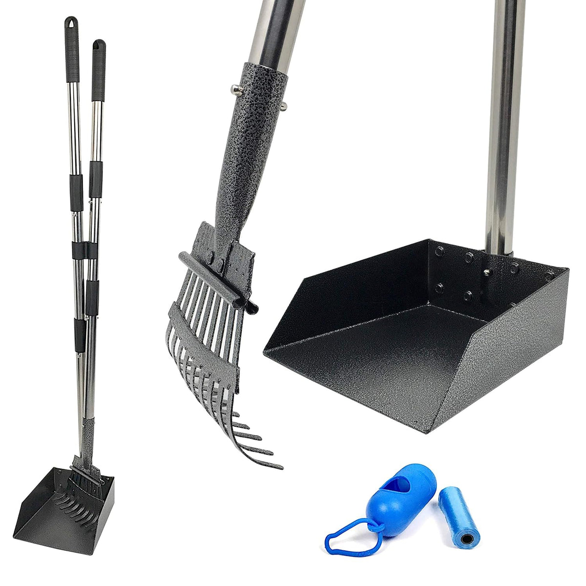 Outdoor Waste Can, Poop Scoop with Rake, Bag Roll 3-Pack Bundle