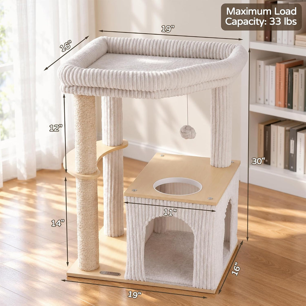Wood Cat Tree for Large Cats, Modern Cat Tower with Condo, Removable Washable Perch Bed for Indoor and Senior Cats, Beige