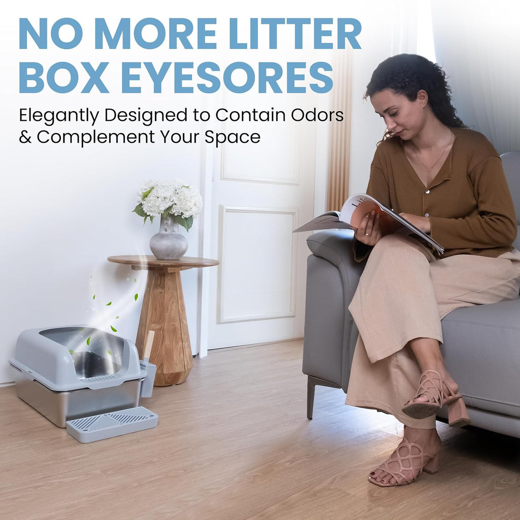 XL Stainless Steel Sifting Cat Litter Box with High Sides and Odor Control