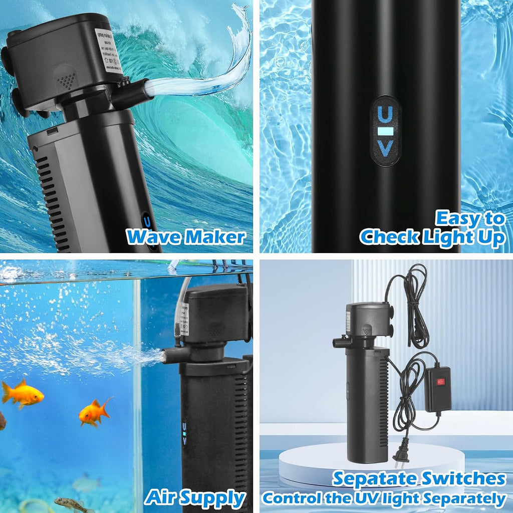 TARARIUM Aquarium Filter U-V for 20-75 Gallon, 200GPH Fish Tank Filter w/ 5W U-V Light Green Clean Machine Submersible Powerful Pump Internal Filter for Turtle Tank Saltwater Freshwater Crystal Clear