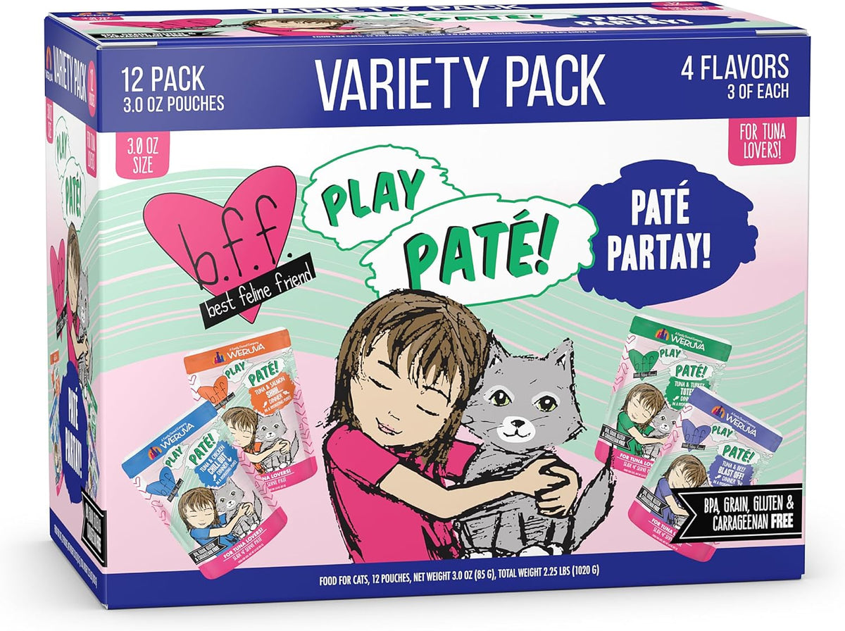 Weruva B.F.F. Play - Best Feline Friend Paté Lovers, Aw Yeah!, Paté Partay! Variety Pack, 3oz Pouch (Pack of 12)