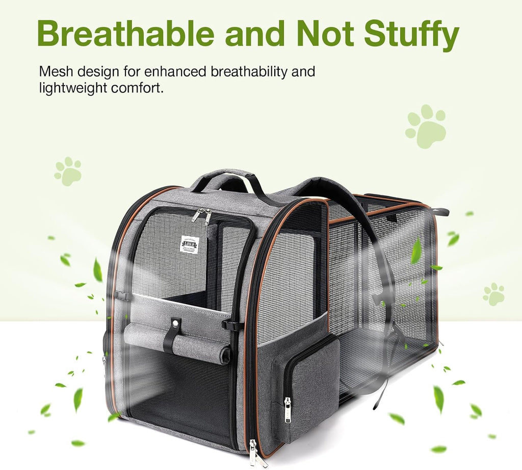 Cat Carrier Backpack, Expandable Pet Carrier with Sun Shade & Full Front Opening, Breathable Mesh Backpack for Small Dogs & Medium Cats Up to 18 Lbs, Foldable for Hiking, Camping (Grey)