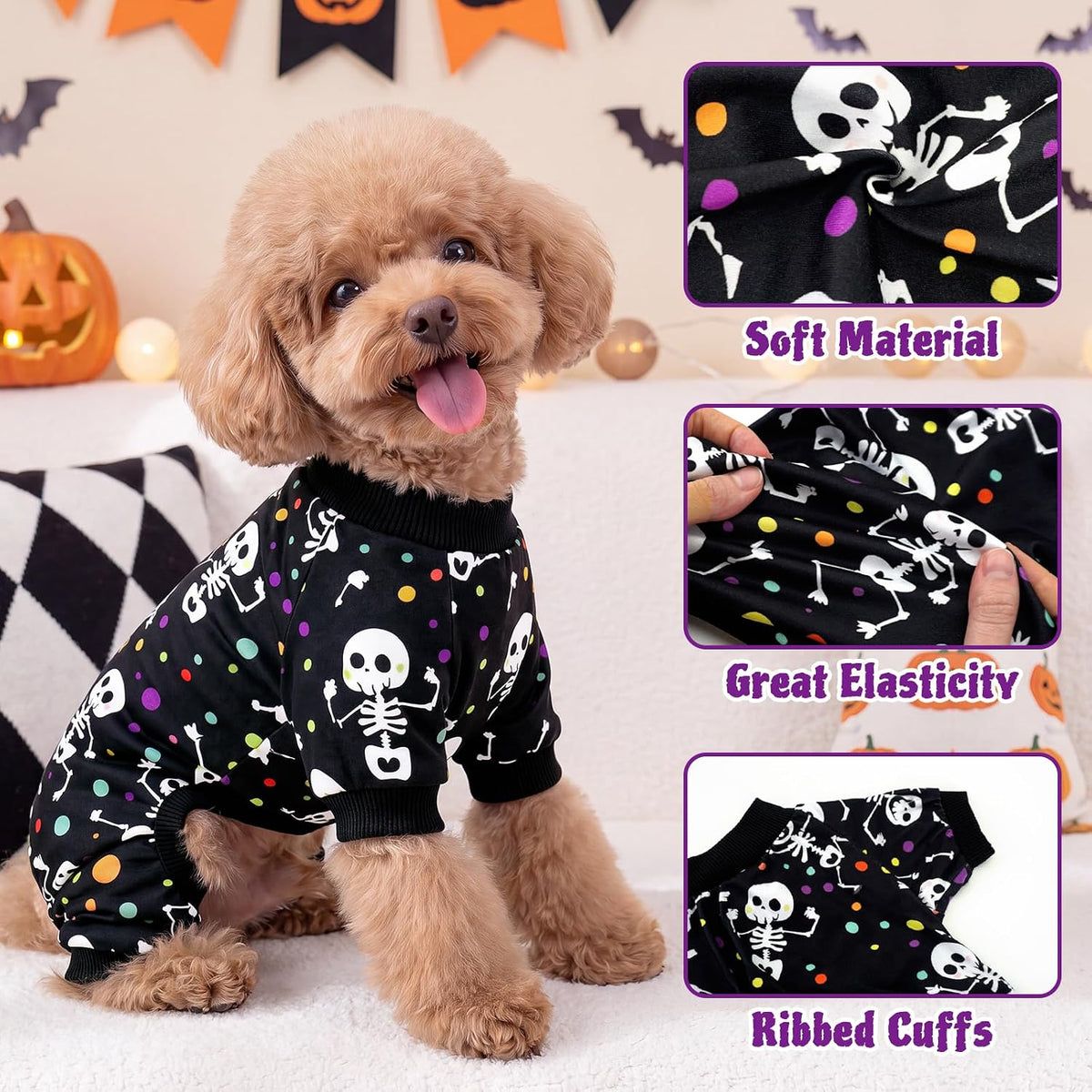 XPUDAC Dog Halloween Pajamas for Small Medium Dogs Skull Puppy Costume Soft Dog Clothes Pet Outfit Doggy Jumpsuits, 2X-Large