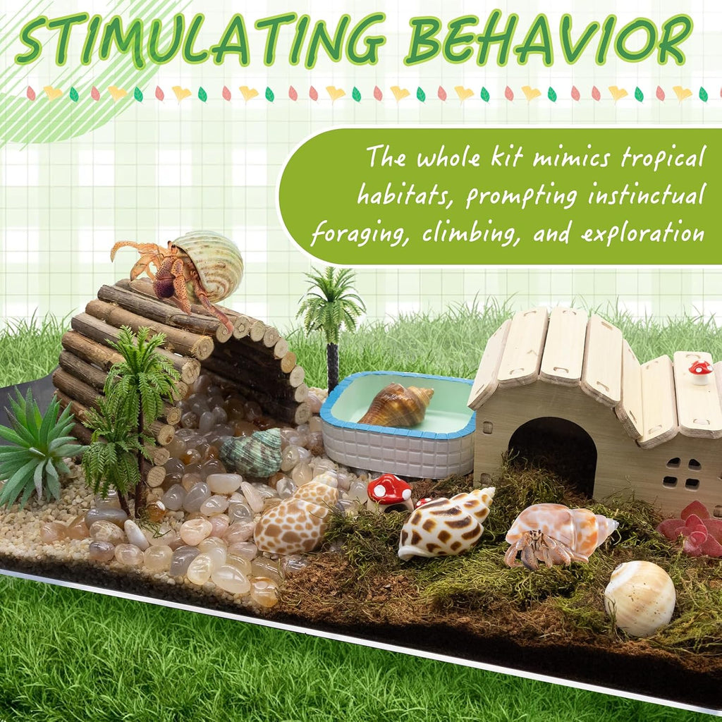 Hermit Crab Kit Hideout Water Pool Tank Decorative Accessories with Palm Tree Decorations Enrichment Toy for Turtles Lizard Frog Gecko Chameleons