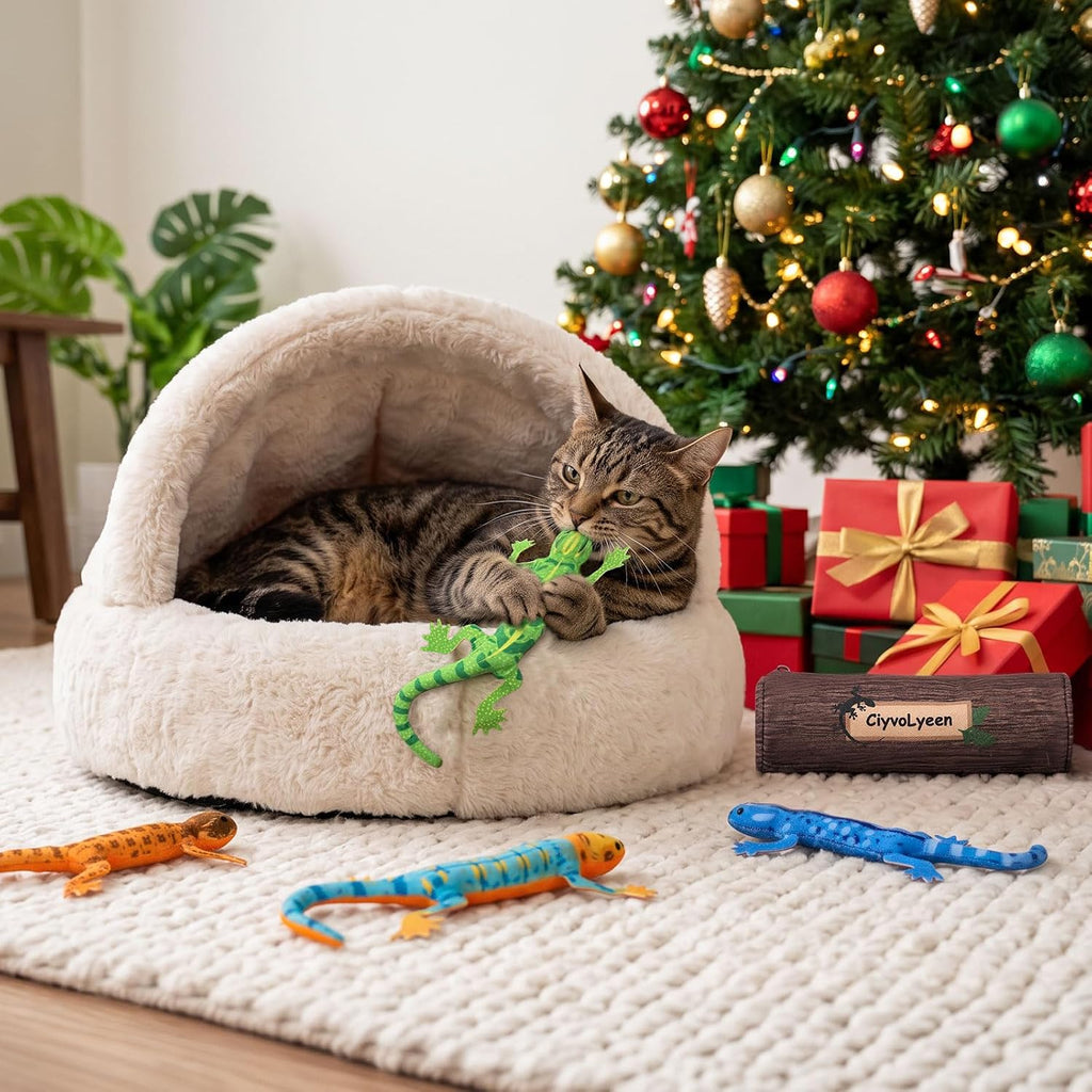 Plush Lizard Catnip Toys with Tree Trunk-shaped Pouch 5 Pack