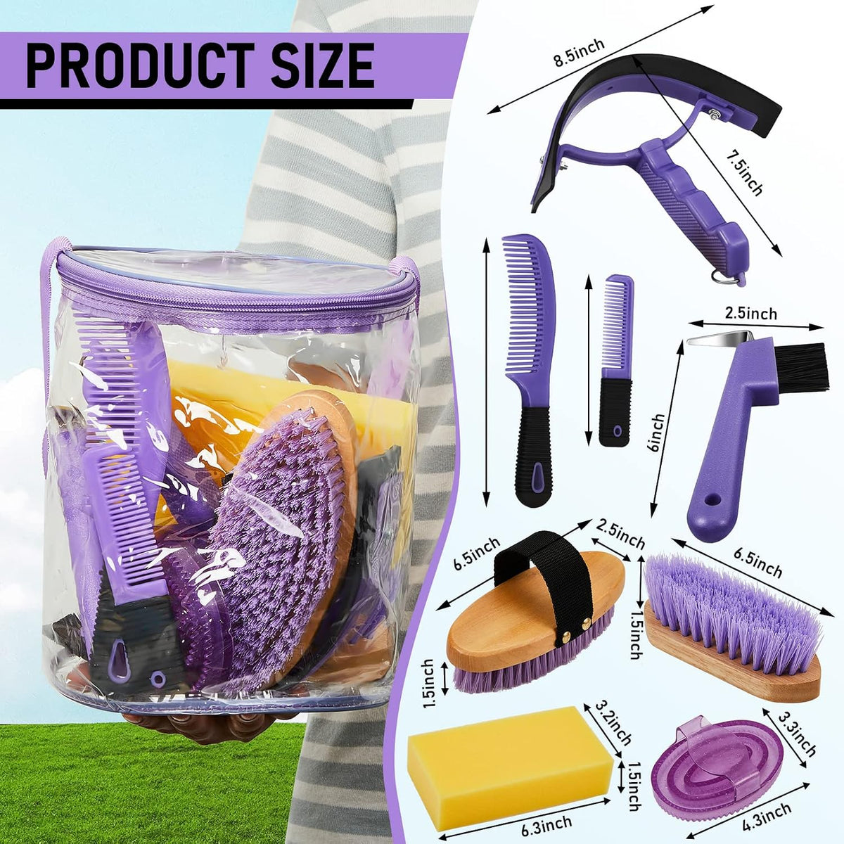 Cunhill 9 Pcs Horse Grooming Kit Tack Room Supplies, Cute, Purple
