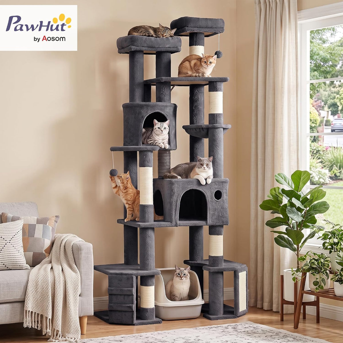 PawHut Extra Large Cat Tree Tower Dual Baseboard 79-Inch for Large Cats