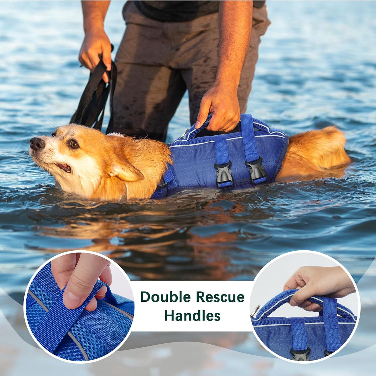 Kuoser Dog Life Jacket, High Flotation Reflective Dog Life Vest, Navy, M