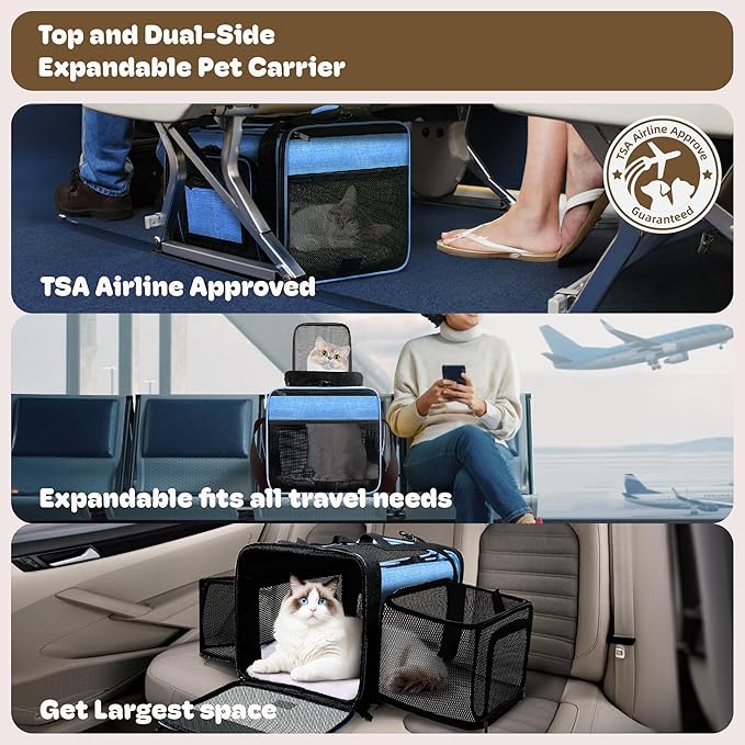 Top and 2 Sides Expandable Cat Carrier 18x11x11, TSA Airline Approved Dog - Image 2