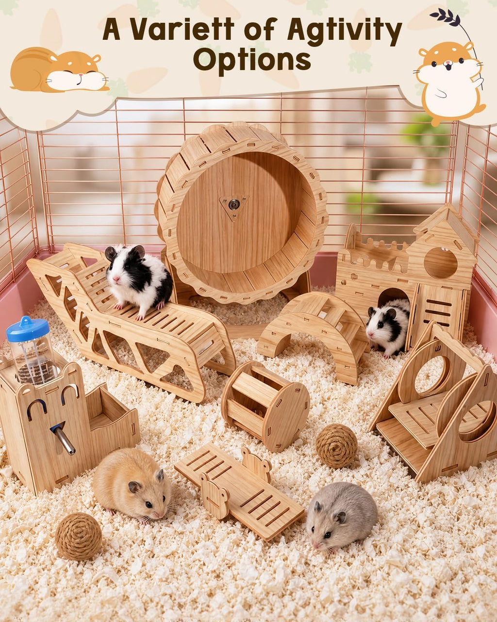 10 Pcs Hamster Cage Accessories Set - Silent Wheel & Wood Maze Habitat Kit