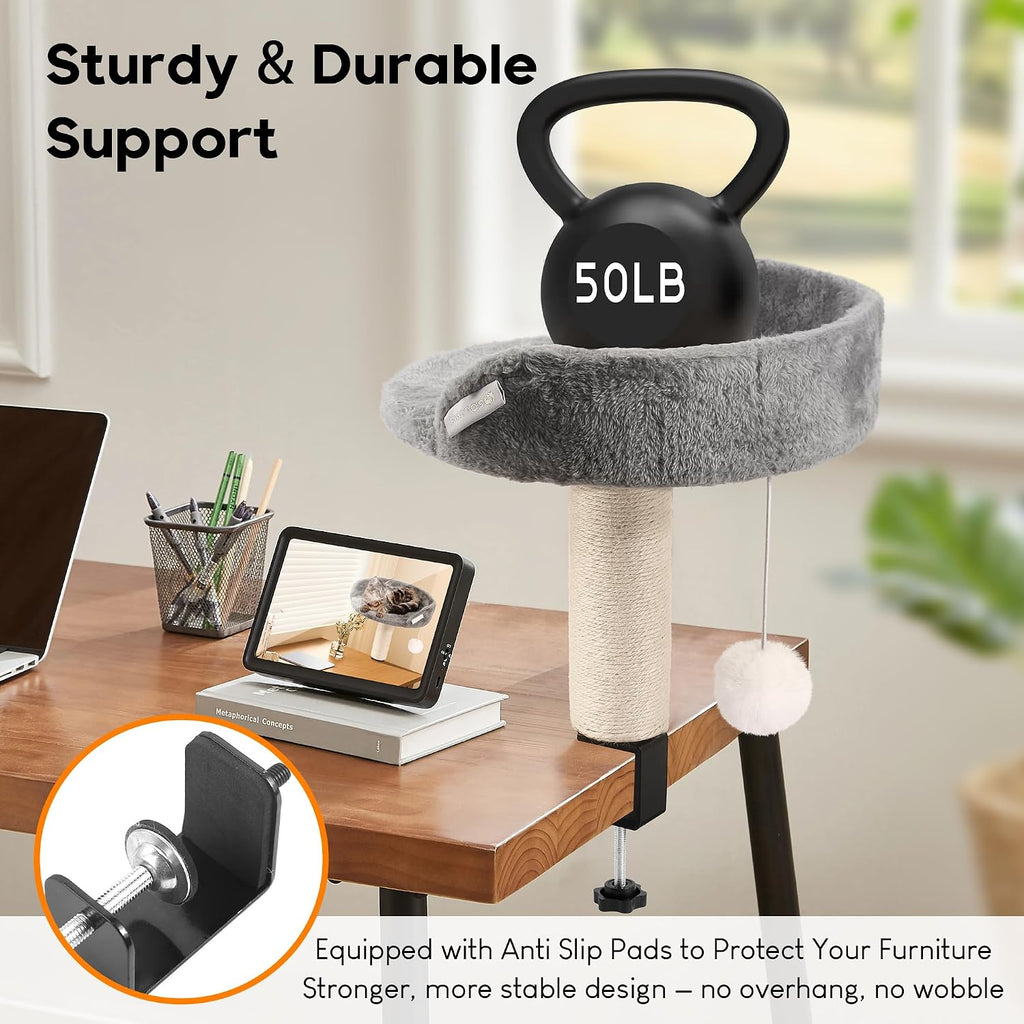 Cat Bed for Desk with Scratching Post – Cozy Elevated Cat Perch with Secure Clamp, Sturdy 50 lb Desk Bed & Hanging Toy for Home Office