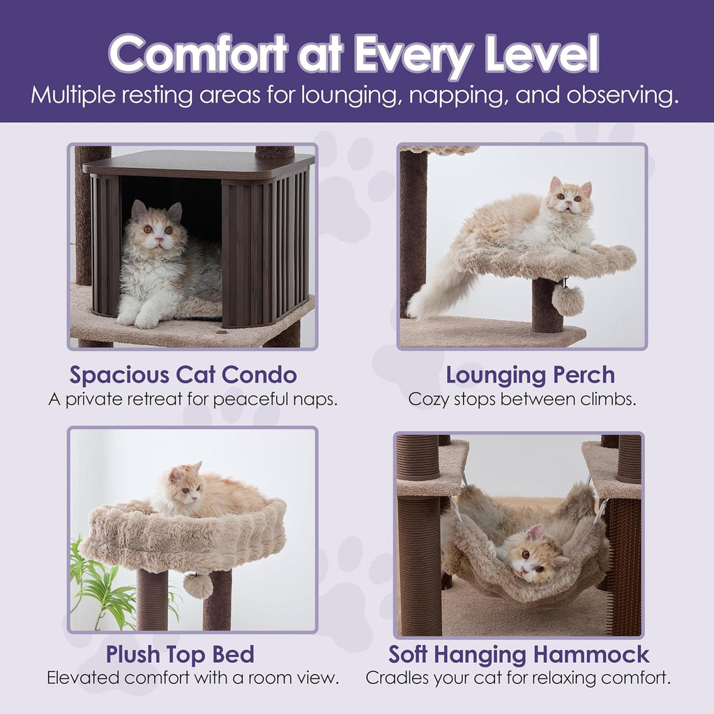 Catry 7-Level Cat Tree for Indoor Cats, Multi-Level Cat Tower with Replaceable Paper Rope Scratching Posts, Elevated Perch Bed, Cozy Condo Hideaway, Hammock, Plush Shag Fur Padding & 2 Hanging Toys