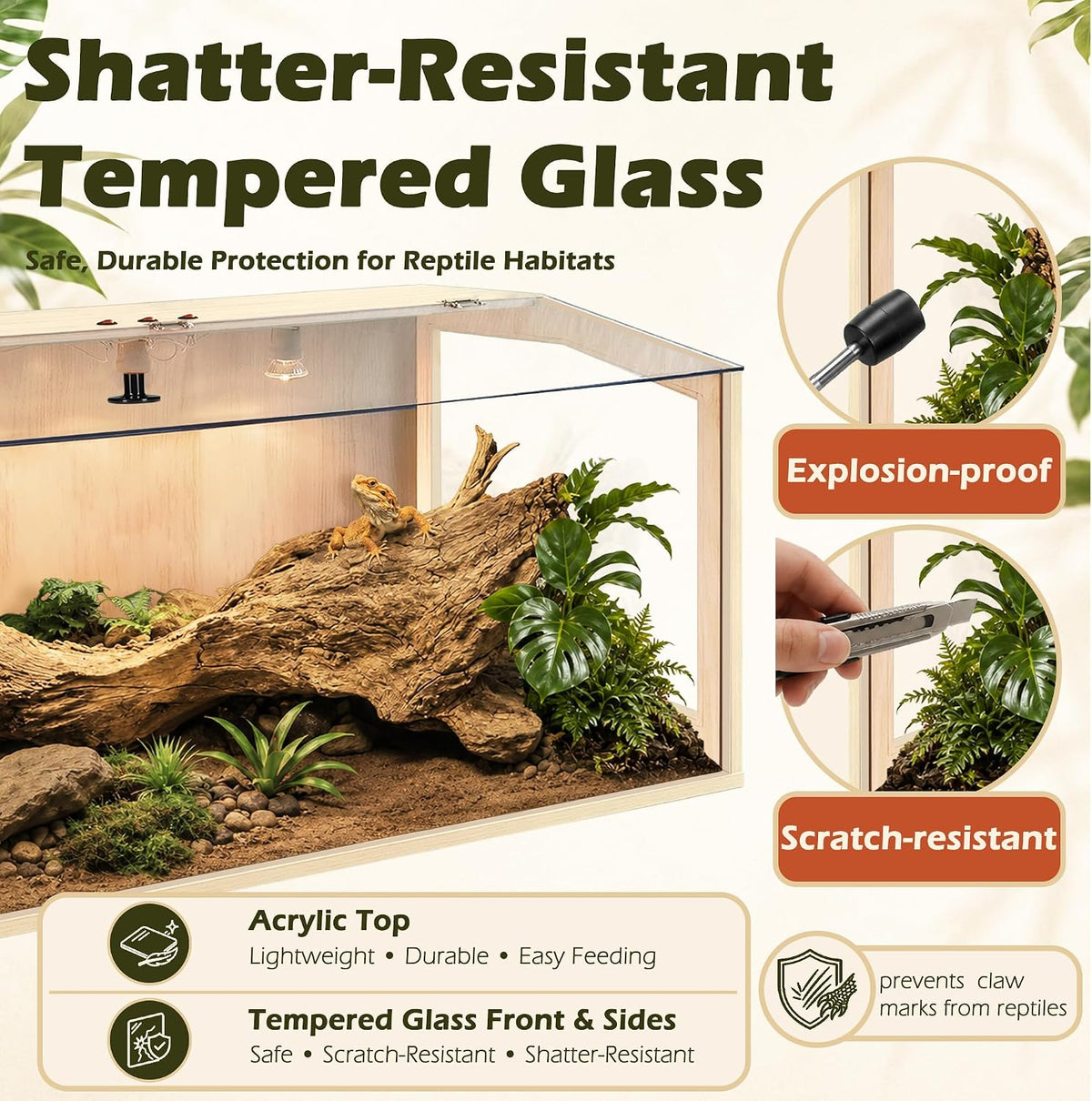 PROLEE Bearded Dragon Tank, Lizard Tank with Clear Tempered Glass, Anti-Scratch Reptile Enclosure, Reptile Tank Built-in Light Fixtures with Switch (47X18X18inch)
