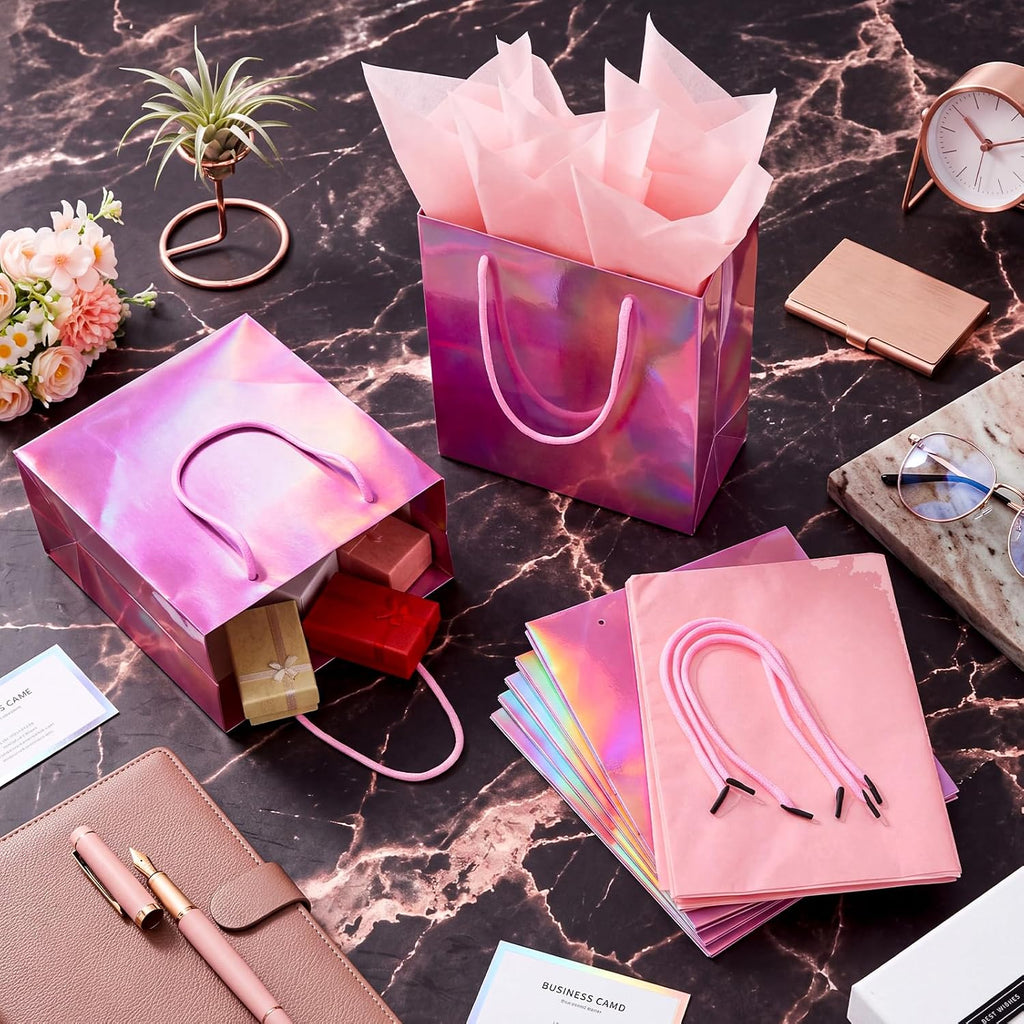 24 Pack Pink Gift Bags with Tissue Paper, Metallic Finish, Rope Handles