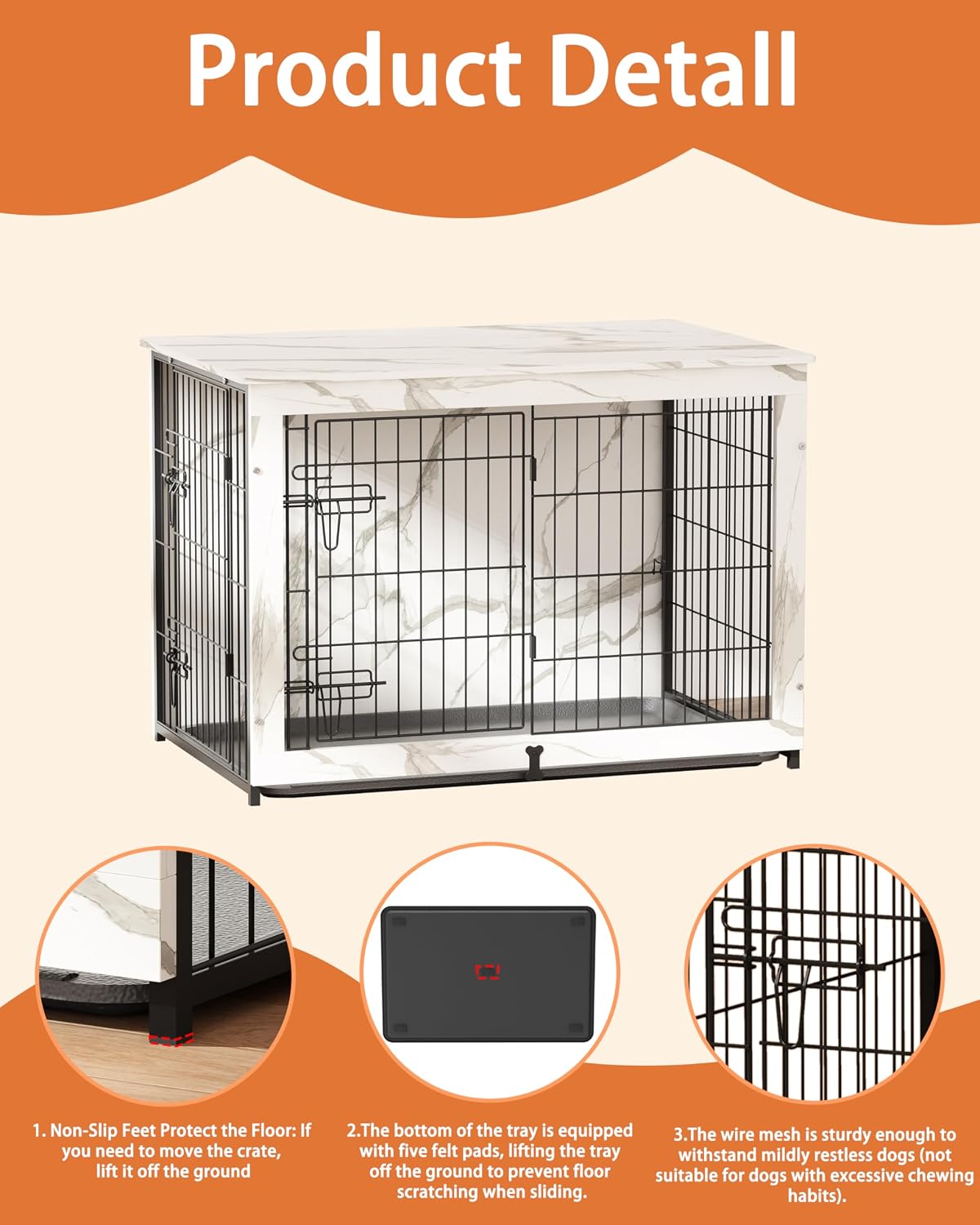 Megidok Wooden Dog Crate Furniture with Cushion,Large Dog Crate End Table with Tray, Double Doors Kennels Indoor (37" L*25" W*26" H, Marble White)