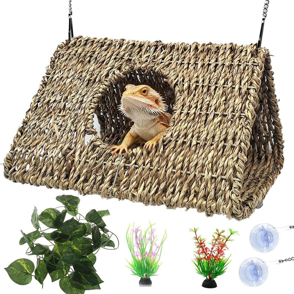 Reptile Hide Cave,Natural Seagrass Bearded Dragon Hammock Hideout,Round