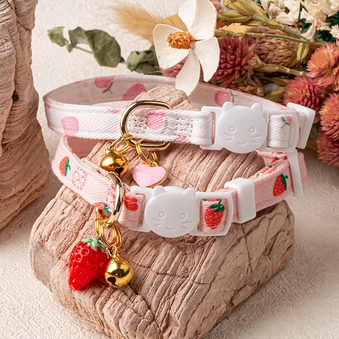 2 Pack Cotton Breakaway Cat Collar Pink Strawberries and White Heart Shaped - Image 5