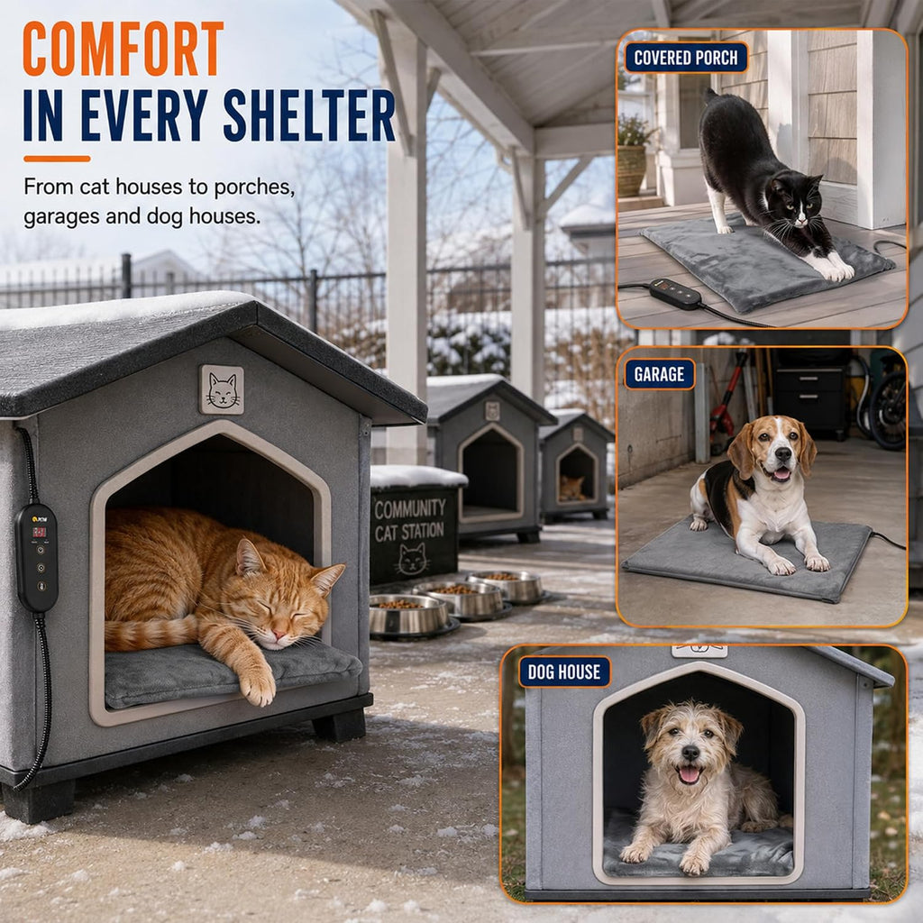 PETNF Outdoor Heated Pet Pad with Adjustable Temperature Control Box, Waterproof Heating Mat with Chew-Resistant Cord & Overheat Protection for Cats, Small Dogs & Feral Cat House, 20" x 16", Gray