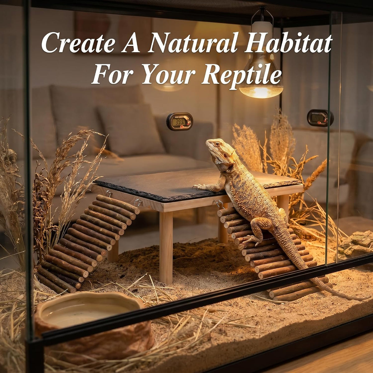 Bearded Dragon Basking Platform, Natural Slate Reptile Basking Rock with Wooden Climbing Ramp, Terrarium Habitat Decor for Lizard, Leopard Gecko, Tortoise, Snake
