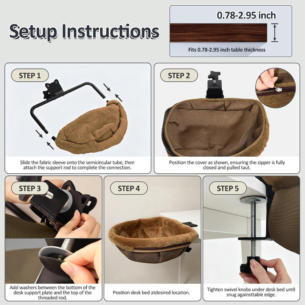 Desk Cat Bed, Hanging Under Desk Cat Hammock with Clip-On Mount, Soft Plush, Swivel Design