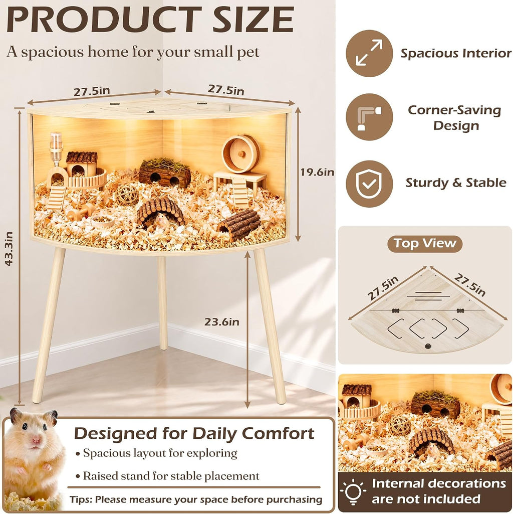 PROLEE Corner Hamster Cage with Leg,Large Hamster Encloure Chew Proof Wood,Clear View Hamster Habitat for Guinea Pig, Ferret, Rat, Hedgehog,Oak