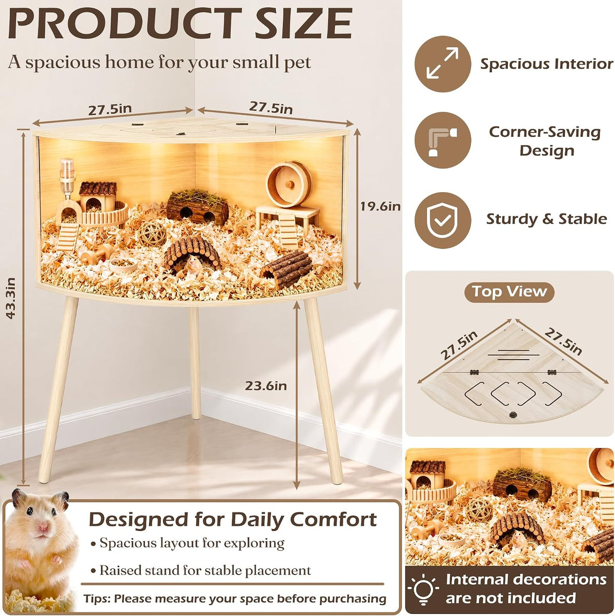 PROLEE Corner Hamster Cage with Leg,Large Hamster Encloure Chew Proof Wood,Clear View Hamster Habitat for Guinea Pig, Ferret, Rat, Hedgehog,Oak