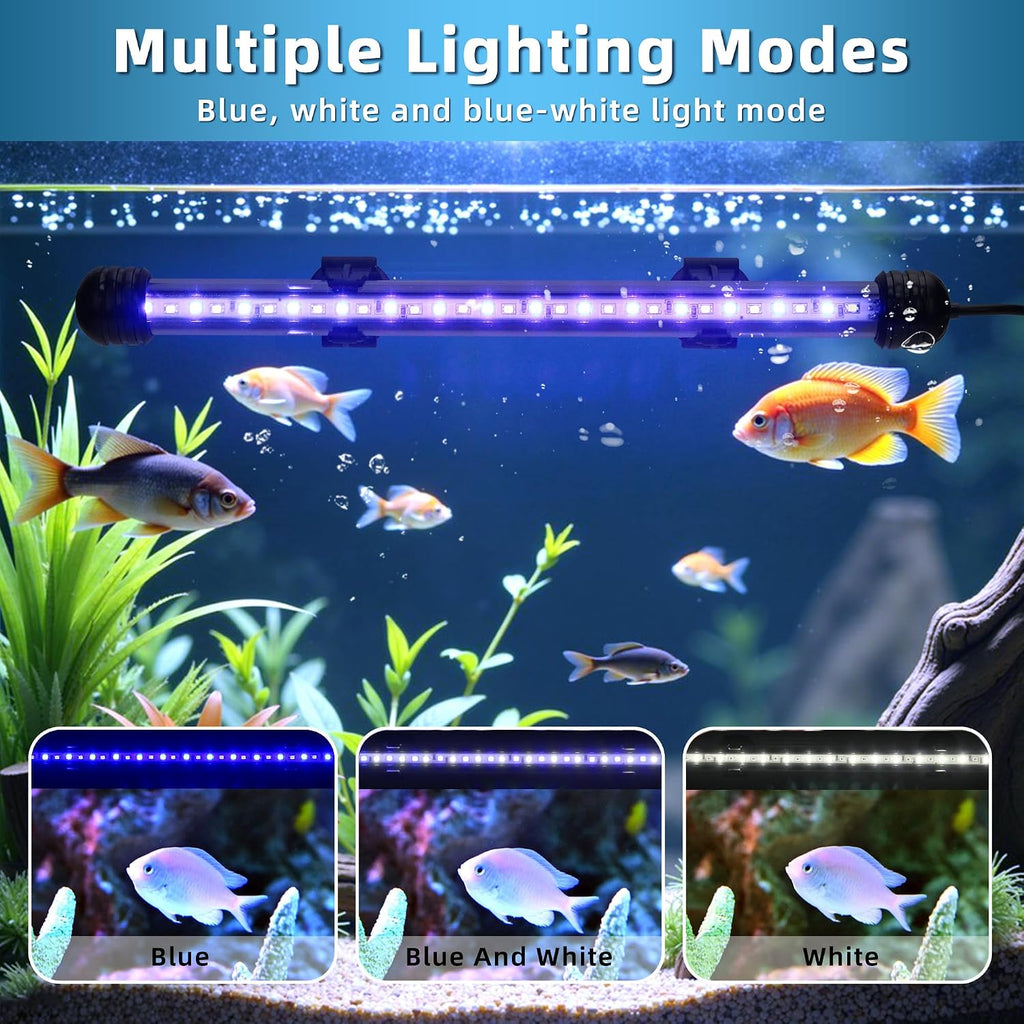 LED Submersible Aquarium Light 8W Underwater Fish Tank Light with Blue White&Blue and White Three Light Modes Timer Automatic On/Off and Dimmer Brightness Adjustable (15inch)