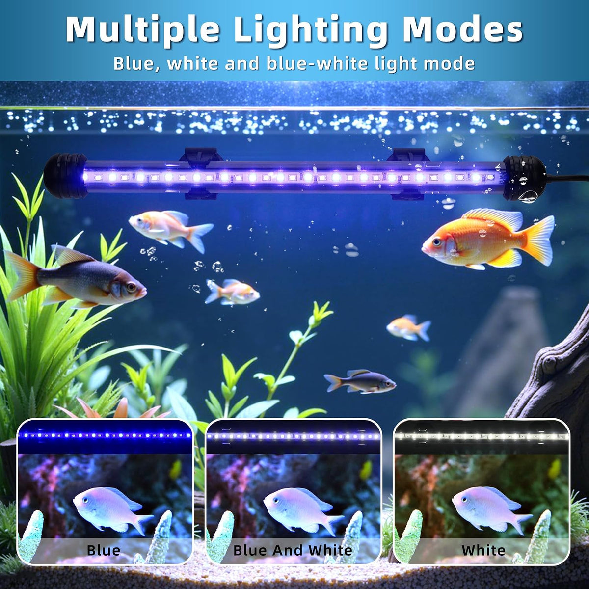 LED Submersible Aquarium Light 8W Underwater Fish Tank Light with Blue White&Blue and White Three Light Modes Timer Automatic On/Off and Dimmer Brightness Adjustable (15inch)