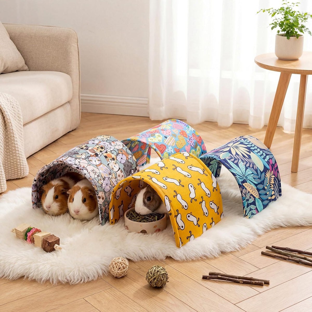 BreezeHug 4 Pcs Guinea Pig Tunnel Foldable Rabbit Hideout Washable and Soft Bunny Hide House Ferret Tunnel Toys Cage Accessories for Small Animal Hamster Hedgehogs Chinchilla(Vivid Mix)
