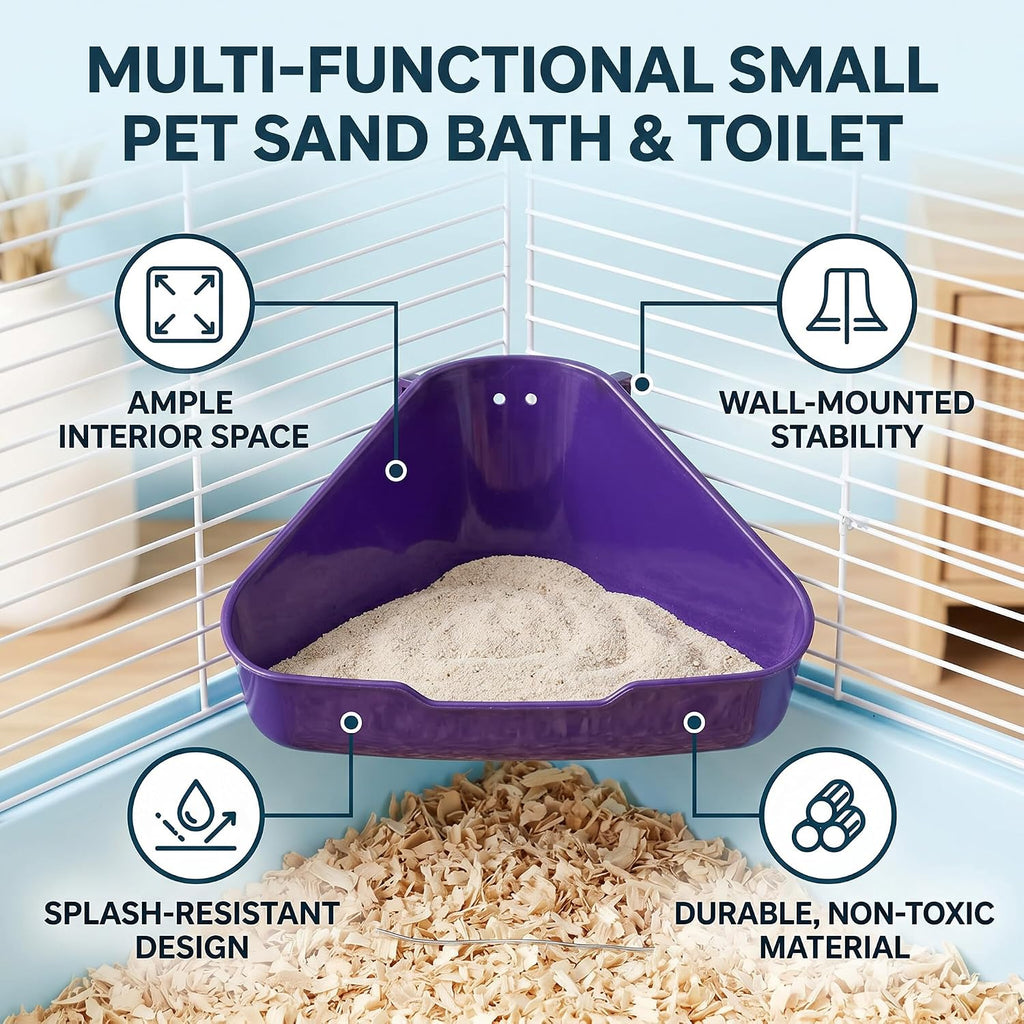 Triangle Corner Potty Sandbox, Plastic Wall Hanging Anti Splashing Small Animals Litter Box Bath Tub Container with Accessories for Guinea Pig Ferret Gerbil (S)