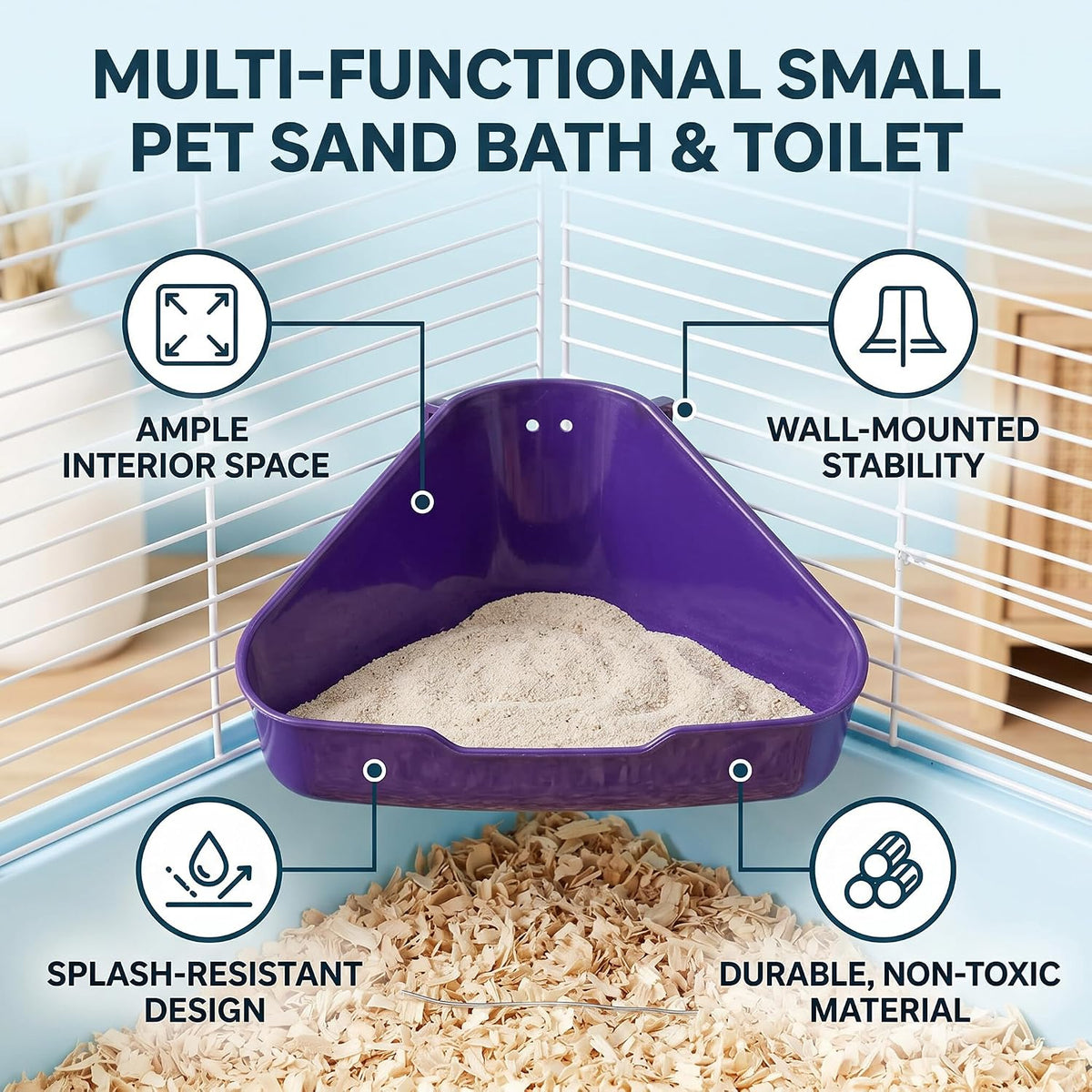 Triangle Corner Potty Sandbox, Plastic Wall Hanging Anti Splashing Small Animals Litter Box Bath Tub Container with Accessories for Guinea Pig Ferret Gerbil (S)