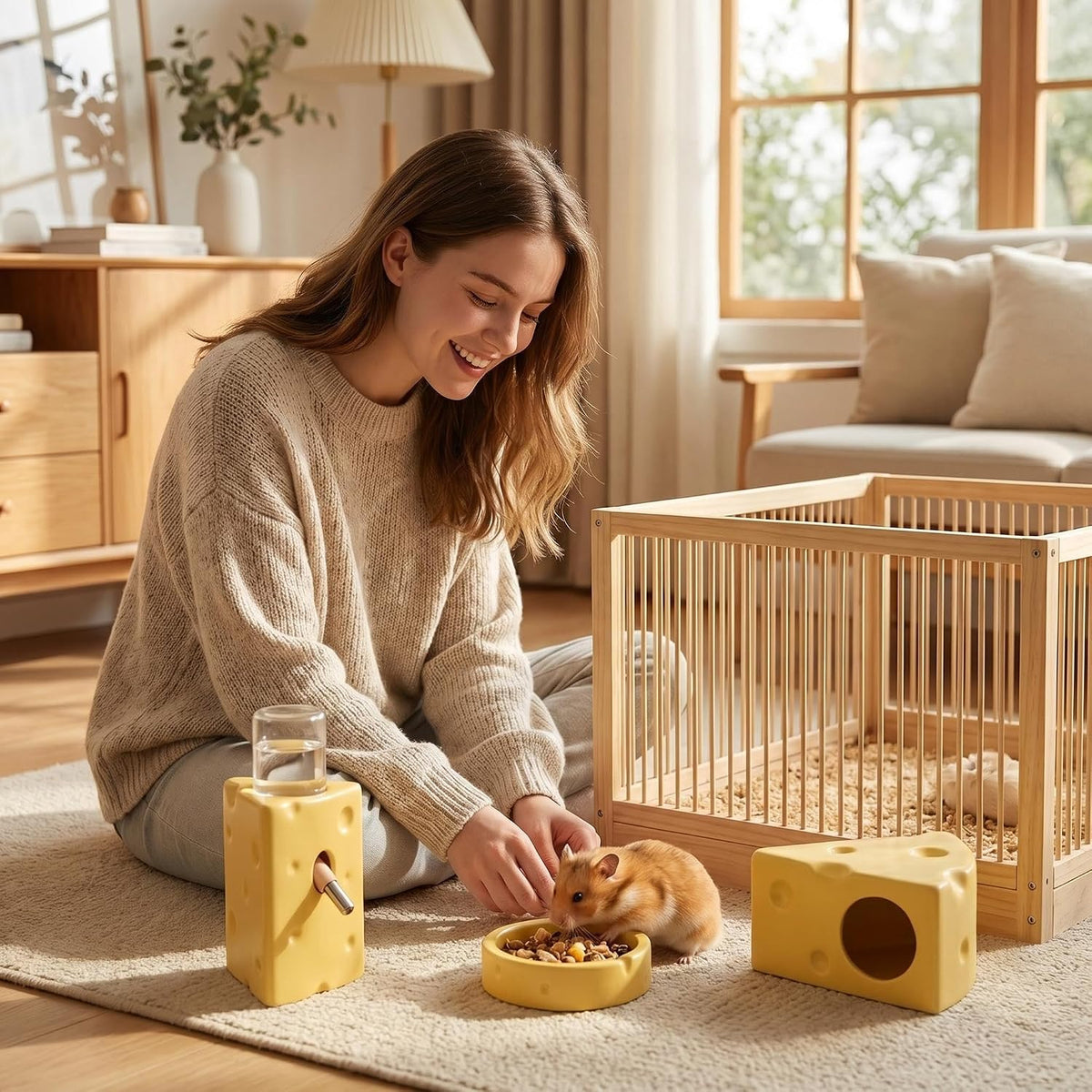 Hamster Cage Accessories Cheese Shaped Cooling Ceramic Hideout Set, 4-Piece Small Pet Supplies with 125ml No Drip Water Bottle, Anti-Tip Food Bowl for Syrian Dwarf Hamster Gerbil Hedgehog Cage Decor