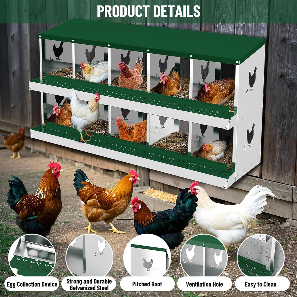 Chicken Nesting Boxes, 10 Compartments Nesting Boxes, Metal Chicken Laying Box with Roll Out Egg Collection with Vented Holes for Hens, Green