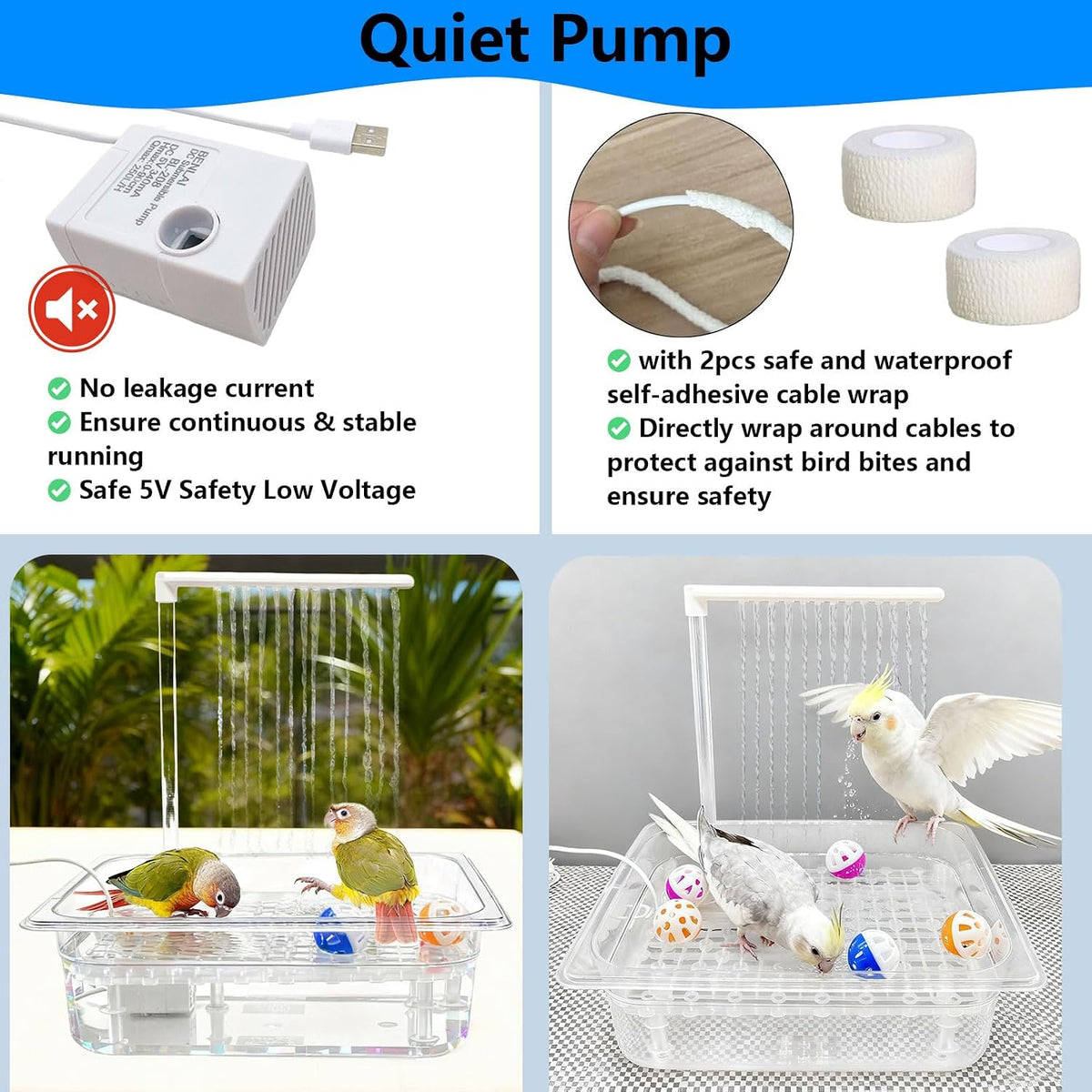 Parrot Bird Bath with Pump,Large Automatic Parrot Parakeet Shower Fountain