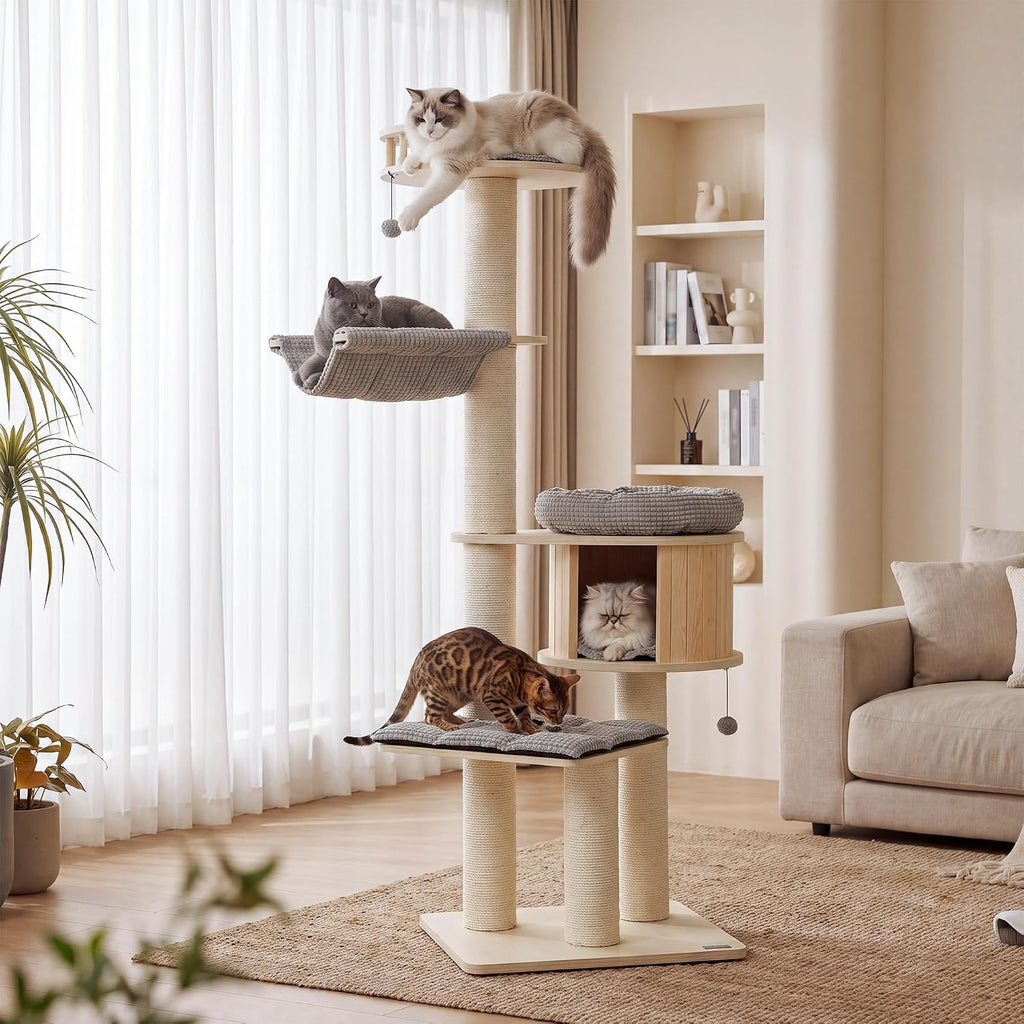 44.8in Modern Cat Tree, White Cat Condo Cats Tower with Cozy Bed & Sisal Scratching Posts, Scratching Ramp and Comfort Basket for Indoor Cats