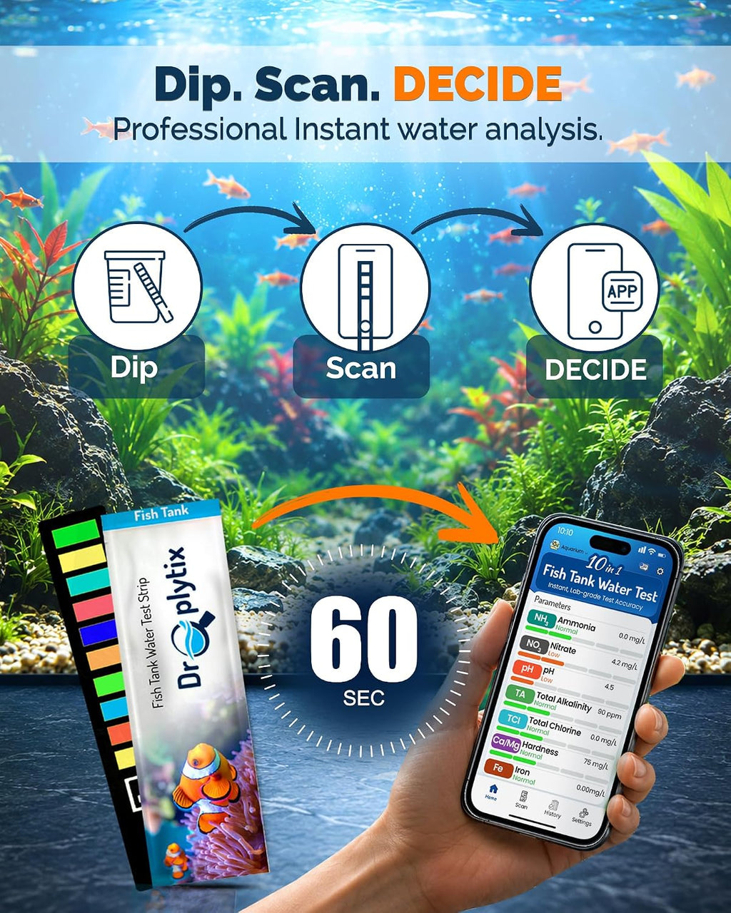 Digital Aquarium Water Test Kit, App-Enabled 10-in-1 Fish Tank Test Kit for Freshwater & Saltwater, Aquarium Test Strips for Fish Tanks, Reef, pH, Ammonia, Nitrate, Nitrite, GH, KH, Chlorine