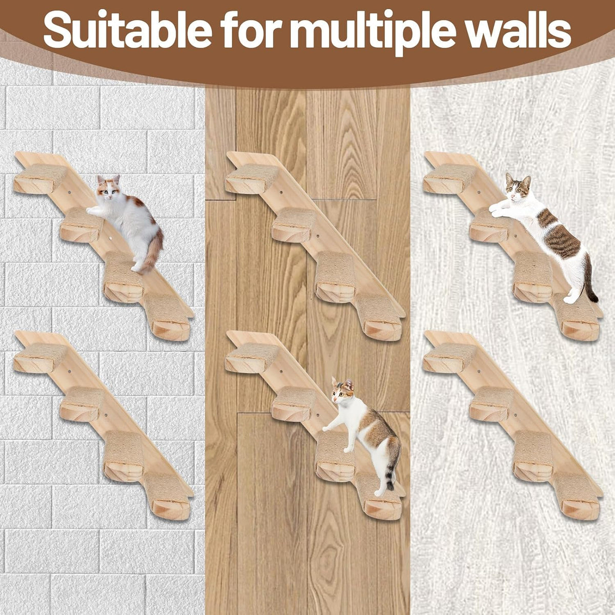 2 Pack 4 Steps Cat Wall Shelves, Wood Wall Mounted Stairs with Sisal Rope, Cat Climber/Ladder Furniture Climbing Shelves for Pet Perch & Play