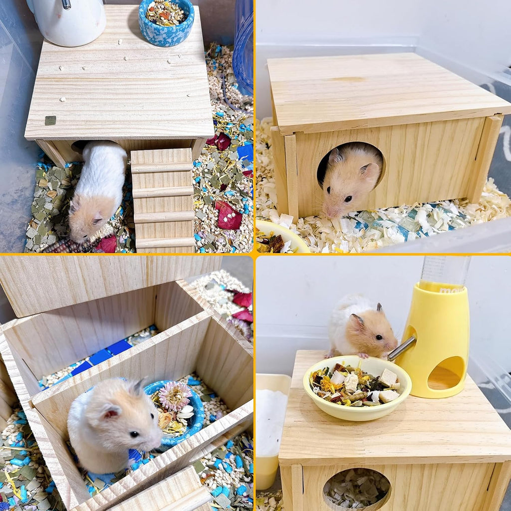 Multi-Chamber Wooden Hamster House Hideout Maze Cage Accessories Decor