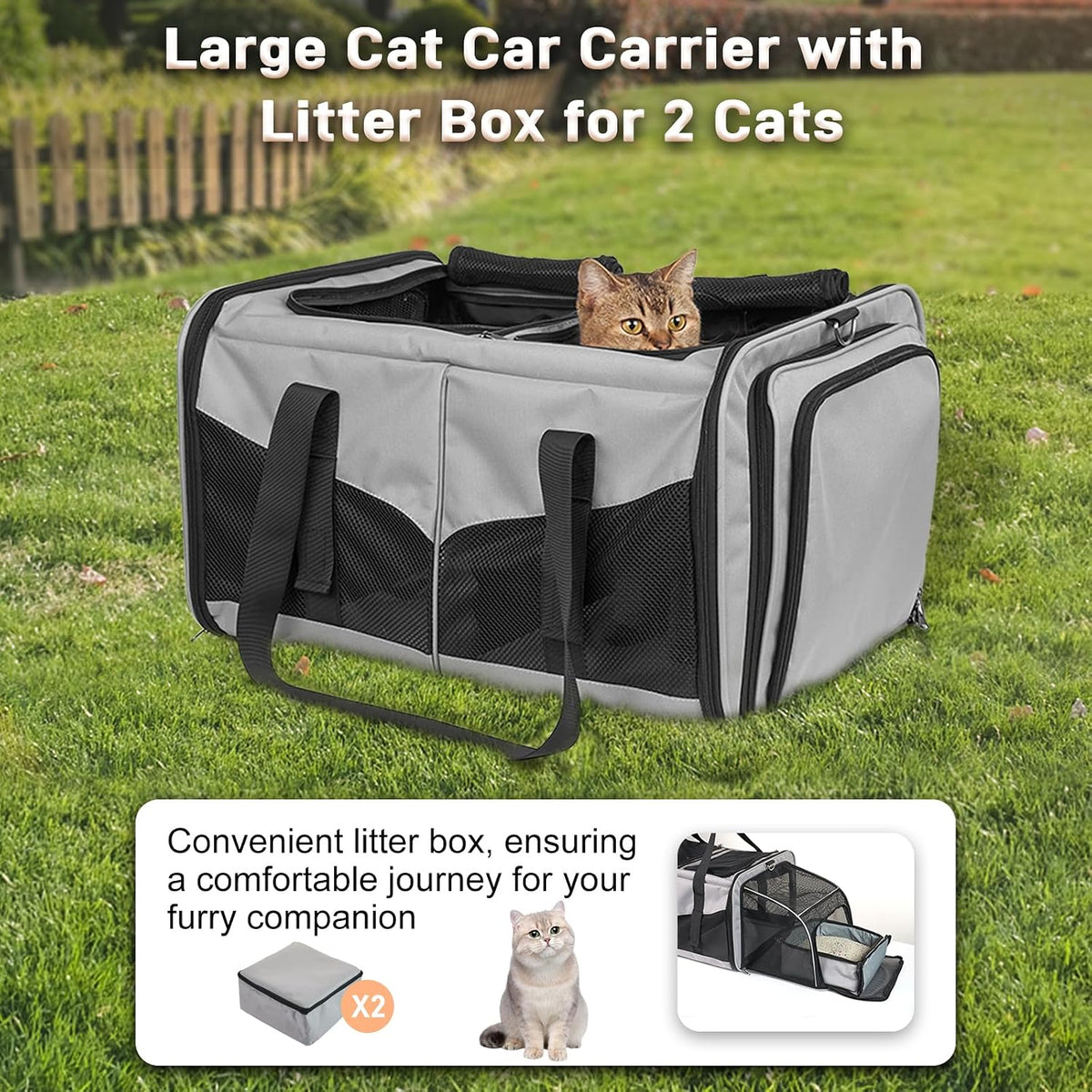 Large Cat Carrier for 2 Cats, Expandable with Divider & Litter Boxes