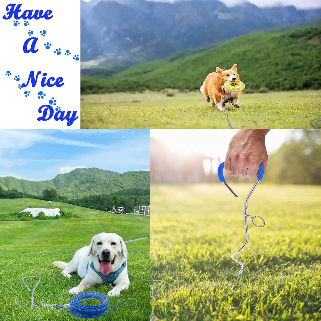 Dog Tie-Out Stake and Cable 30ft Heavy Duty Spiral Ground Stake Tethering Anchor Dog Leash Chain Rope Metal 360 Swivel Hook for Small Medium Large Dogs Outdoor (T-Shaped Stake)