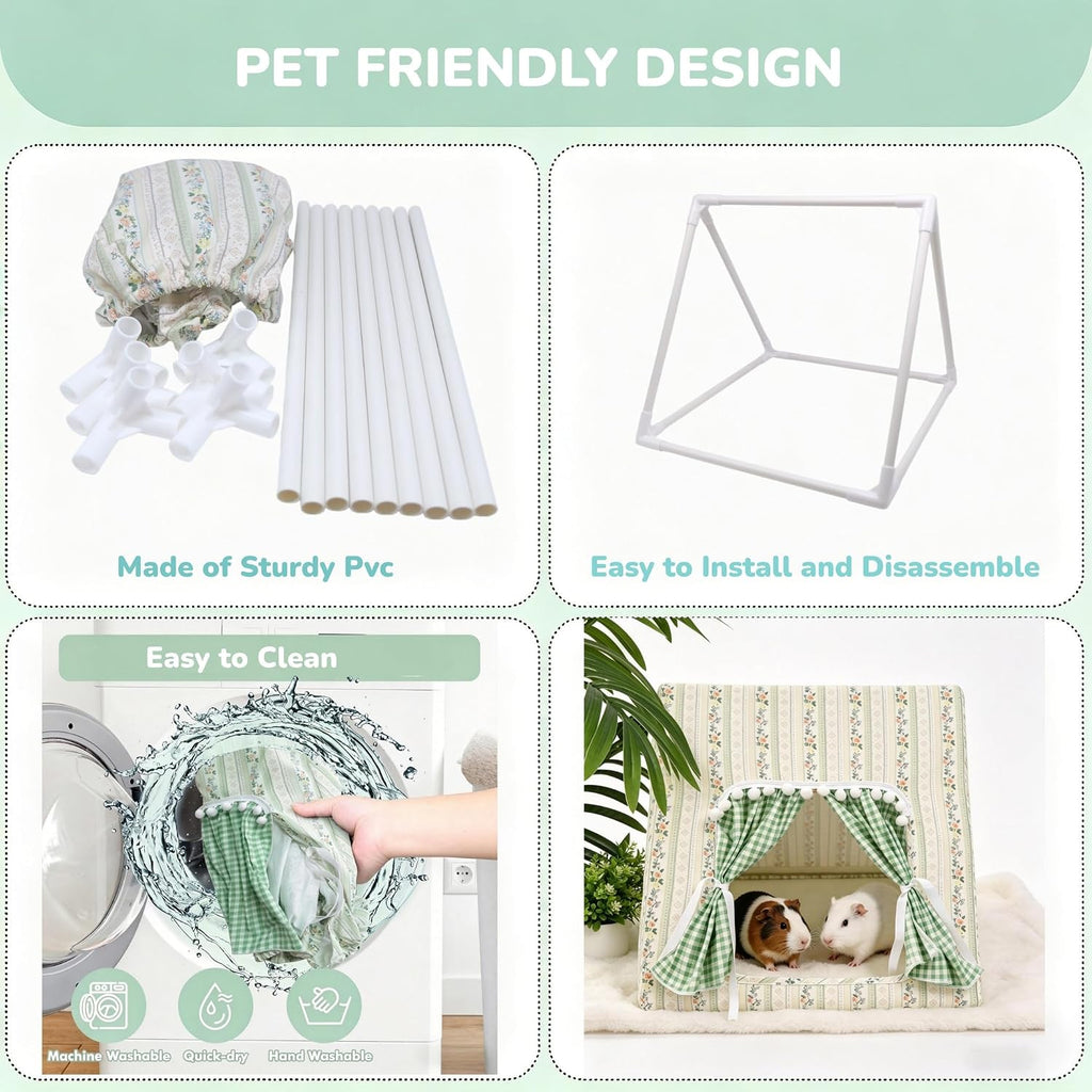 Guinea Pig Bunny Hideout with Cute Curtain,Small Animal Hideout for Rabbit Hamsters Squirrel Ferrets Chinchilla and Rats,Machine Washable Guinea Pig Hide Tent Houses(Large,No Mat)