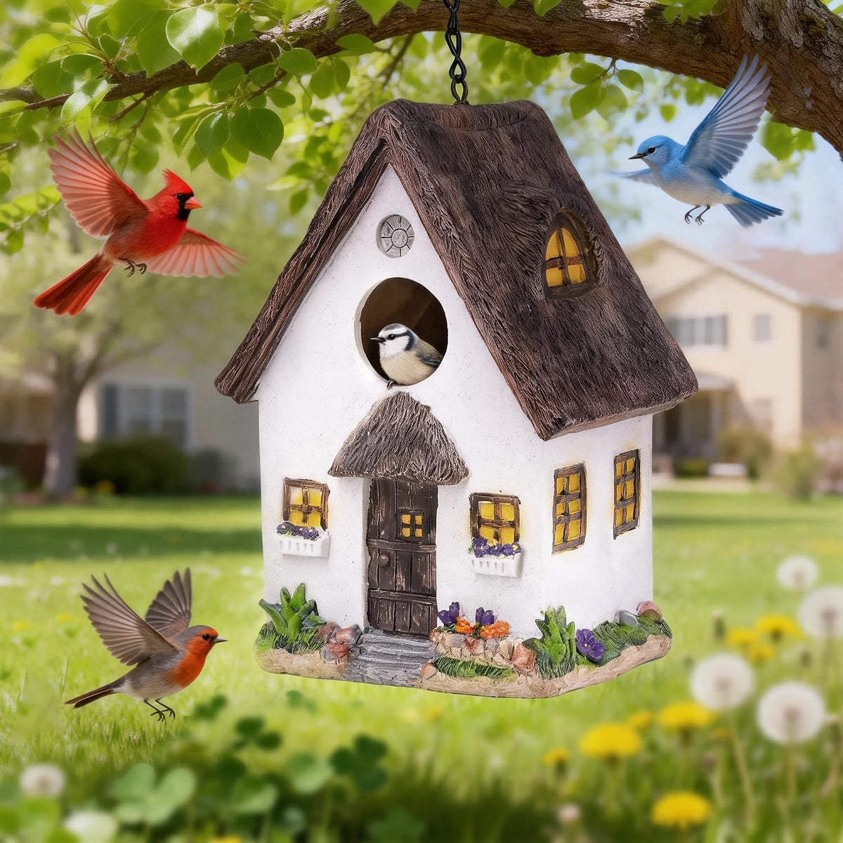 Bird House for Outside, Resin Decorative Birdhouses for Outdoors for Bluebird Finch Cardinals, Bird Nesting Garden, Patio, Yard, Best Birthday Day Gift for Bird Lover Mom