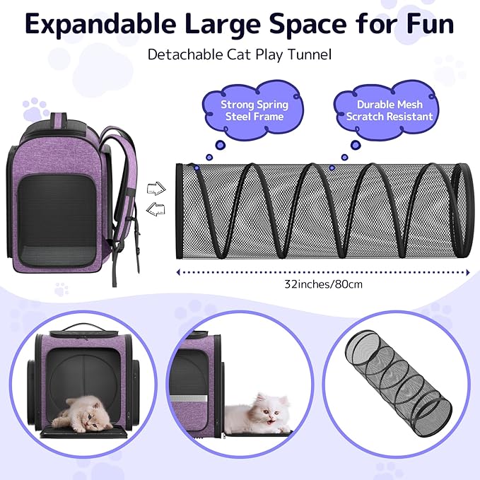 Cat Backpack Carrier with Detachable Play Tunnel, 2 in 1 Cat Tunnel Backpack - Image 2