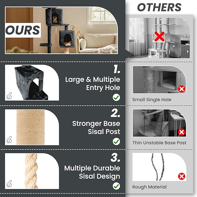 56-Inch Cat Tree for Large Cats, Sisal Scratching Posts & Hanging Toys - Image 4