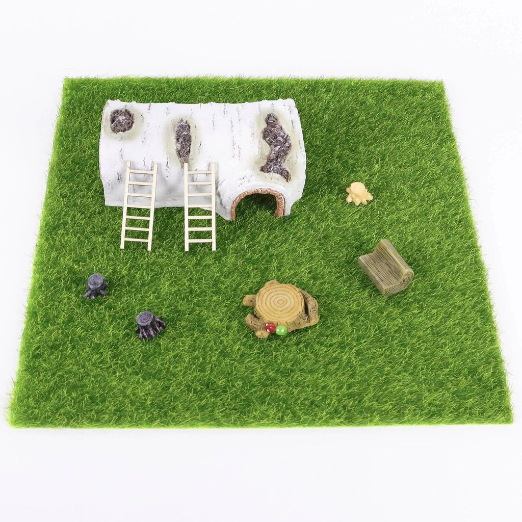 9 Pack Jumping Spider Habitat Decor Set with 11.8" x 11.8" Fake Grass Base, Faux Tree Bark Jumping Spider Hideout, Mini Ladders and Log Jumping Spider Décor, Natural Jumping Spider Enclosure Acce