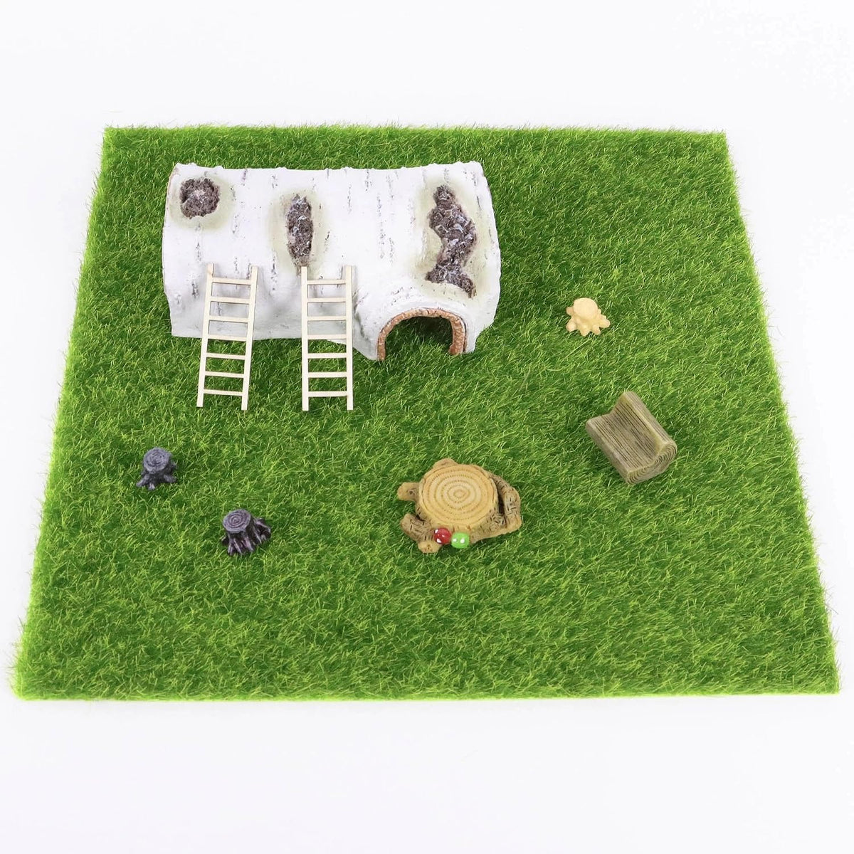 9 Pack Jumping Spider Habitat Decor Set with 11.8" x 11.8" Fake Grass Base, Faux Tree Bark Jumping Spider Hideout, Mini Ladders and Log Jumping Spider Décor, Natural Jumping Spider Enclosure Acce